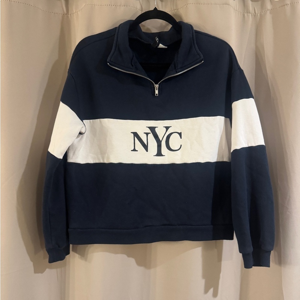H&M Navy Blue and White Zip-Up Sweater